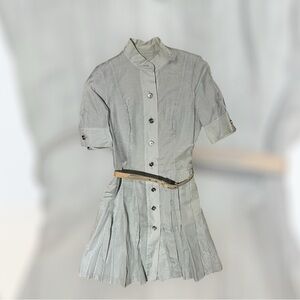 Pink Tartan light blue gray dress with silver button and gold belt 
Size 6